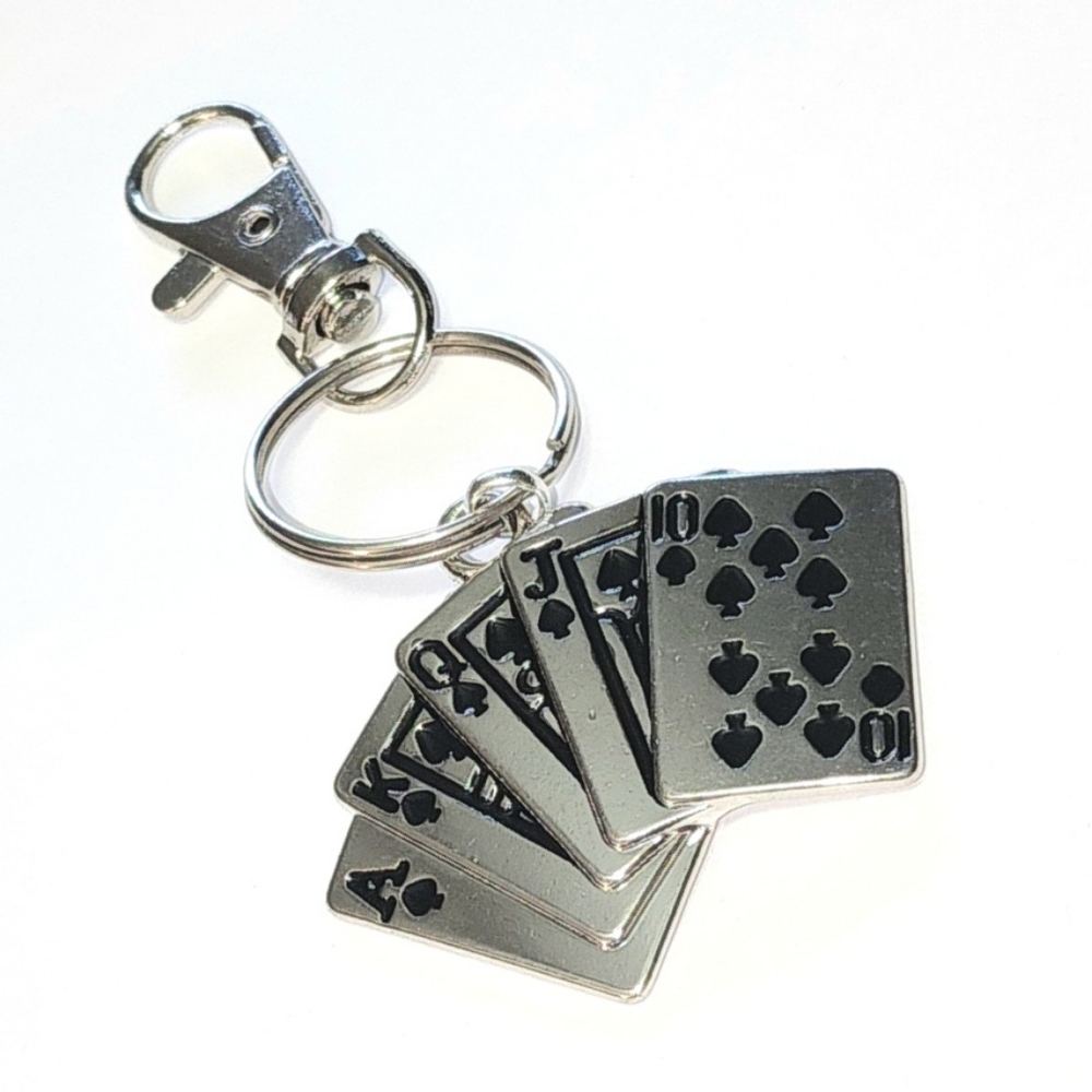 Royal Flush Poker Card Game Silver Claw Clasp Keychain Keyring Gambling Draw Ace